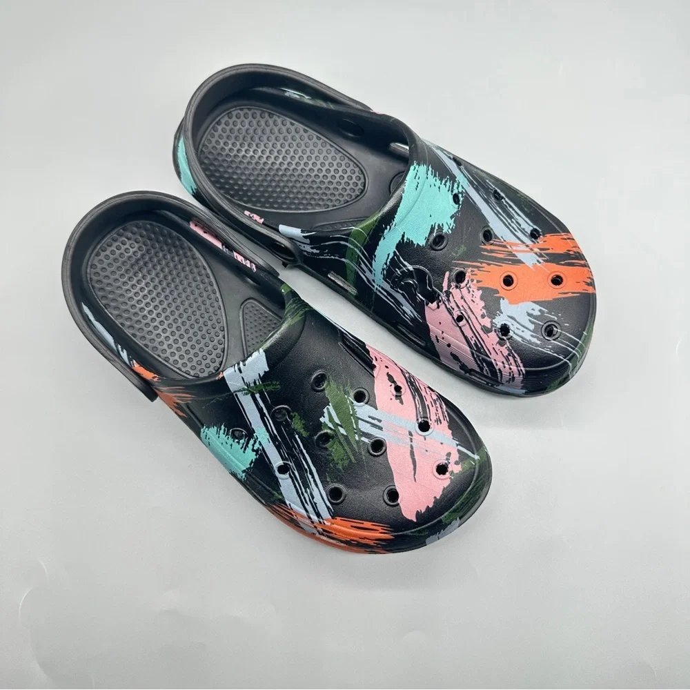 Unisex Color Splash Clogs – Size 9 Black with Multicolor Paint Design